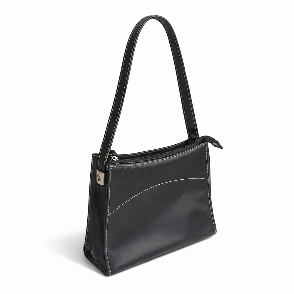 Vintage Lauren Ralph Lauren Black Leather Shoulder Bag Minimalist Y2K Classic
